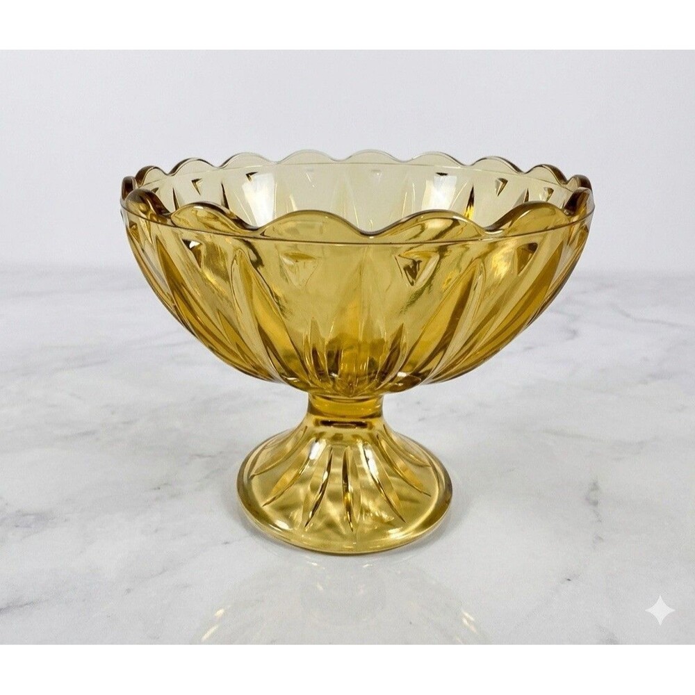 Vintage Amber Glass Scalloped Edge Footed Compote Dessert Bowl - 5.5" x 4.3/8"